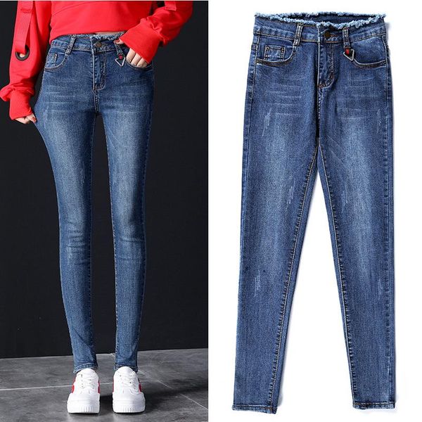 

women's jeans high-rise tights skinny pencil long pants 2021, Blue