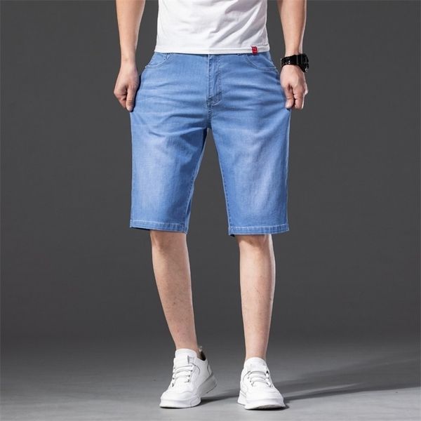 

summer brand stretch thin cotton denim jeans men knee length soft light blue casual shorts plus size 28-46 210713, White;black