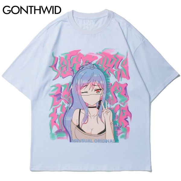 

harajuku tshirts anime japanese girl print t-shirts mens hip hop casual hipster short sleeve cotton loose tees 210602, White;black