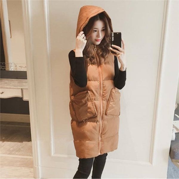

autumn winter cotton vest women ladies casual waistcoat female sleeveless long jacket slim fit warm puffer coat 210923, Black