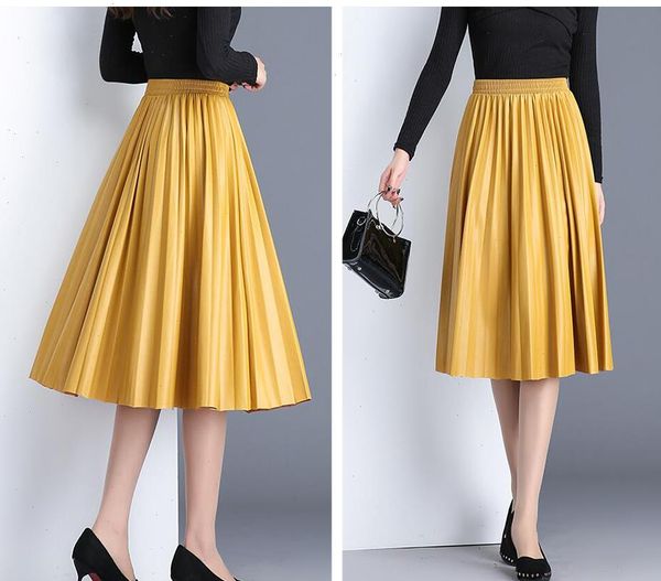 

women skirt pu accordion pleated autumn and winter style leather high waist faldas largas elegantes free, Black