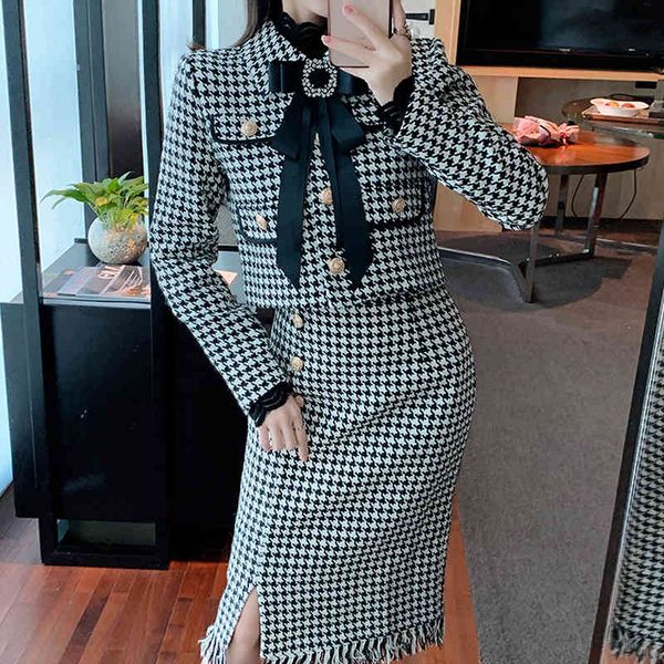 

two piece dress autumn and winter houndstooth temperament western style royal sister fashion two-piece suit female clothes o62u, White