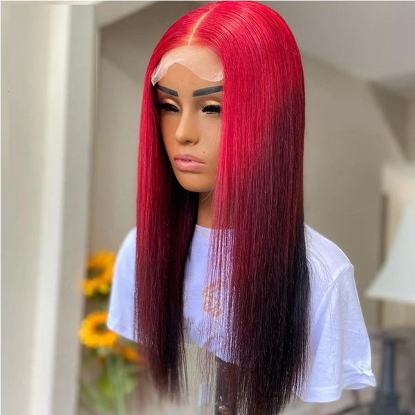 

red ombre brazilian human hair wigs pre plucked 13x4 lace front for women 180% density glueless bleached knots, Black;brown