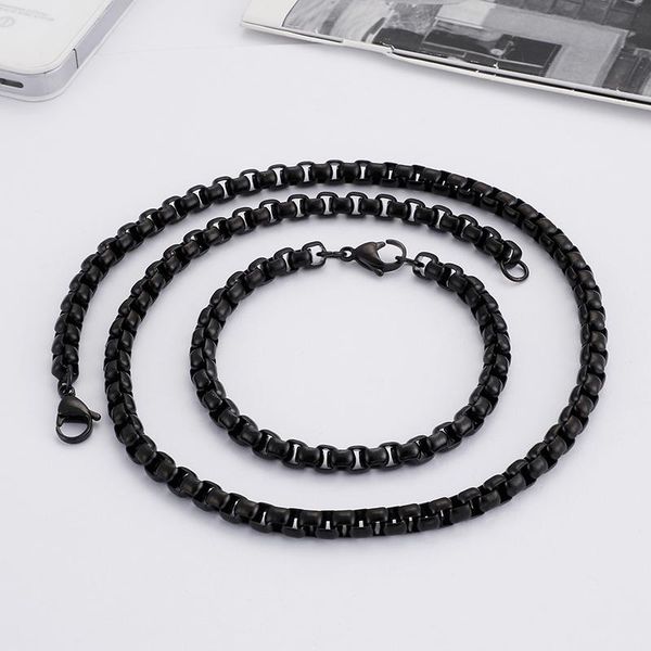

earrings & necklace size 3mm/ 4mm black stainless steel fashion square box rolo chain bracelet set for women boy mens jewelry, Silver