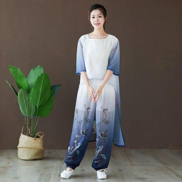 

women's tracksuits 2 piece set women 2021 summer bird's swallow's tail chinese style retro literature chiffon printing fashio, Gray