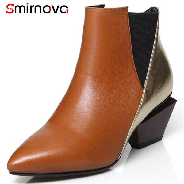 

boots smirnova 2021 fashion patchwork genuine leather thick high heel ankle for women pointed toe slip on winter, Black