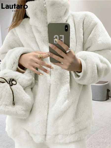 

lautaro zip up white oversized fluffy warm soft faux fur jacket women long sleeve winter loose fake outerwear fashion women's &, Black