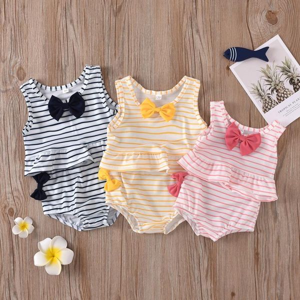 

baby kids girls swimwear ruffle striped print toddler cotton backless bowknot two piece bikini set swimsuit summer swimming suit one-pieces, Black