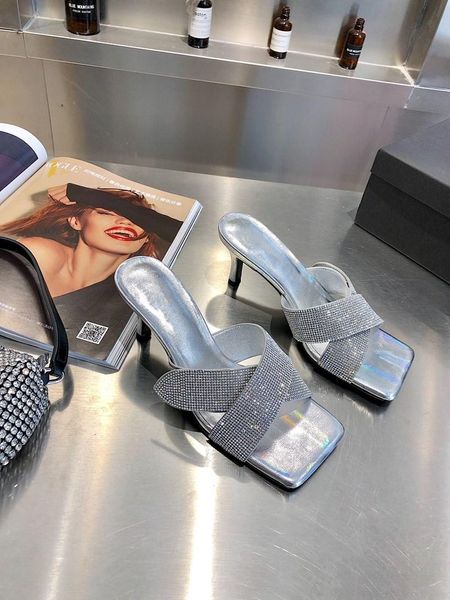 

mid-heel woman slippers genuine leather crystal square toe ladies sandals luxury designer brand zapatos de mujer quality, Black