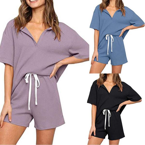 

women's tracksuits summer sets women casual two pieces short sleeve t shirts and high waist pants solid v-neck outfits tracksuit 2022, Gray