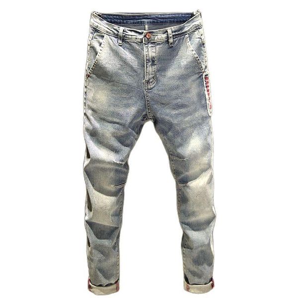 

men's jeans pants for men 2021 classic casual letters embroidery cowboy hip hop washing slim young korean style vintage, Blue