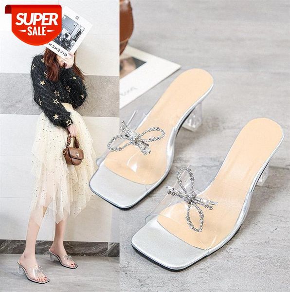 

transparent word sandals high heels plus size women's shoes europe and america rhinestone bowknot square toe slippers #wl5r, Black