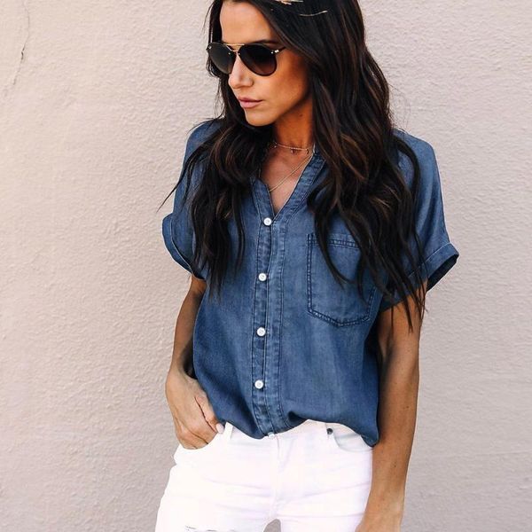 

women's blouses & shirts fashion women casual solid soft denim shirt with v-neck lace up button short sleeves blouse jacket, White