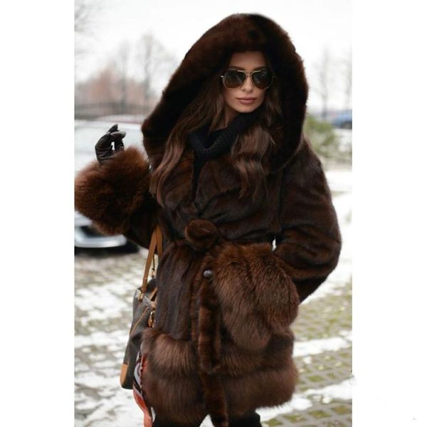 

women's fur & faux women coats winter solid fashion cardigan long outwear female luxury hooded sleeve warm thick fluffy jacket, Black