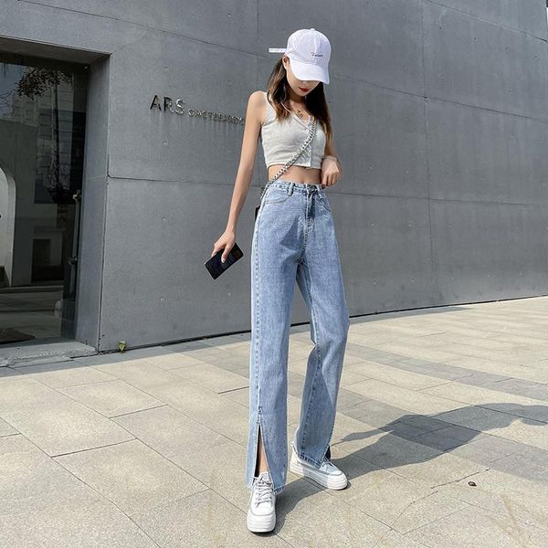 

women's jeans women's high-waisted wide-leg split in summer, Blue