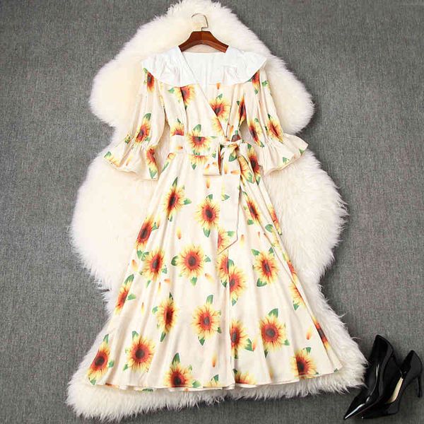 

dress high street fashion 2021 summer runway designer feminine half sleeve suower print midi, Black;gray