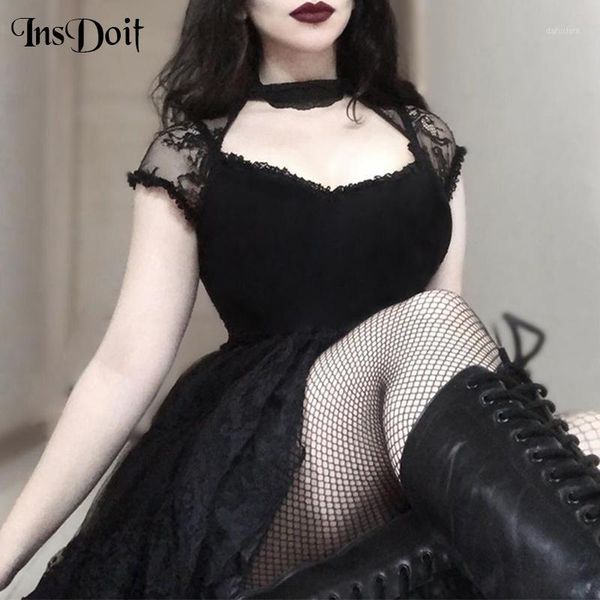 

insdoit mesh short sleeve gothic black women t shirts harajuku streetwear slim summer fashion hollow out aesthetic women's t-s, White