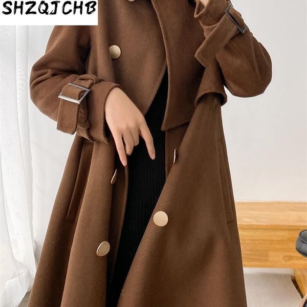 

wool coat female vintage long jacket coats and jackets women slim double-sided woolen abrigos para mujer women's & blends, Black