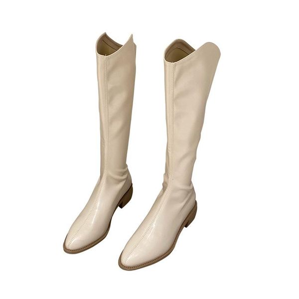 

boots pointed toe long knee cowboy western riding women 2021 med heel back zipper slim thigh botas de mujer, Black