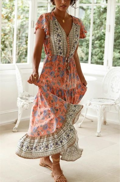 

v neck high womens dresses split long print flare sleeve bohemian ladies rayon cotton boho maxi vestido, Black;gray