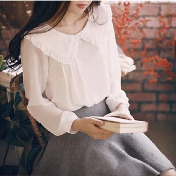

autumn japan lolita kawaii white womens blouses long sleeve peter pan collar student