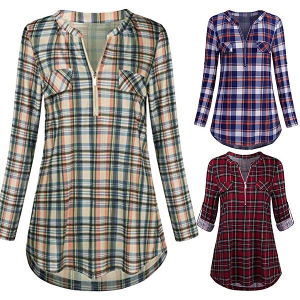 

women's blouses & shirts womens casual rolled sleeve zipped v-neck plaid printed shirt tunic blouse, White