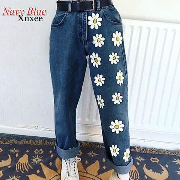

women's jeans mom denim women high waist floral printing slim straight jean pants full length trousers plus size print, Blue