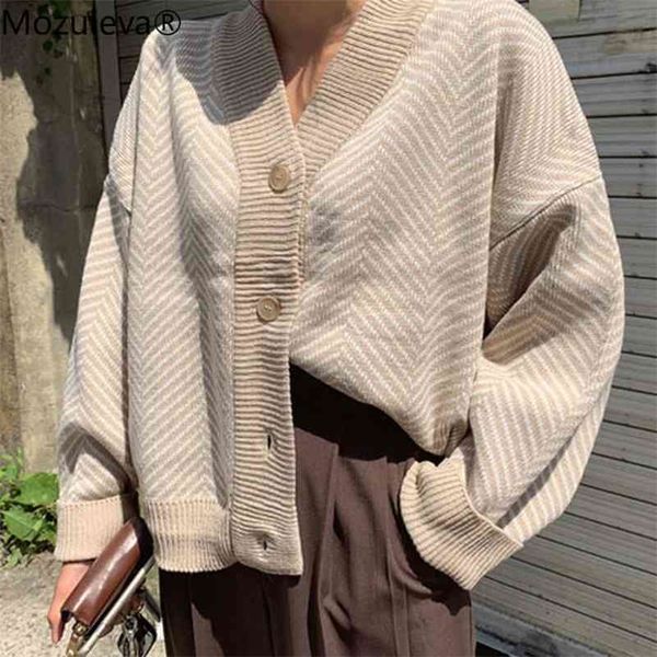 

mozuelva korean women's autumn retro generous stripe single-breasted v-neck bat sleeve sweater knitting cardigan coat 210416, White;black