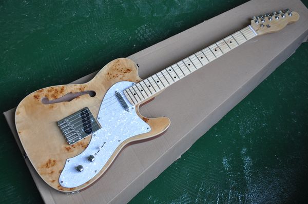 Halbhohle E-Gitarre in natürlicher Holzfarbe mit Wurzelholzfurnier, Schlagbrett aus weißer Perle, Griffbrett aus Ahorn, Chrom-Hardware. Bieten Sie maßgeschneiderte Dienstleistungen
