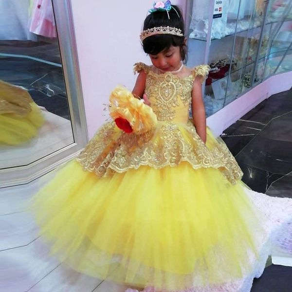 

girl's dresses yellow flower girl with sheer neck cap sleeve appliques beads child birthday party gowns back button girls pageant dress, Red;yellow