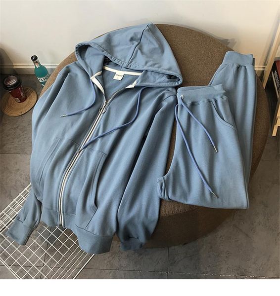 

women's two piece pants women sets spring autumn ladies casual blue sweatshirt set sportwear pocket woman suit female, White