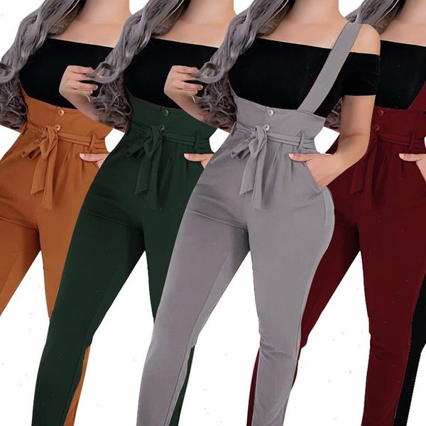 

ruffle pocket high waist belt womens romper overall long trousers pants one piece streetwear, Black;white