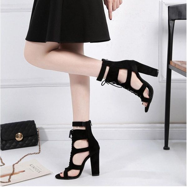 

women sandals fashion summer high heels ladies shoes open toe lace up female, Black