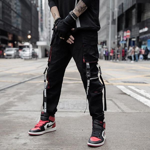 

safari style japanese fashion mens hip hop clothing streetwear cargo pants ribbons techwear joggers trousers motorcycle punk men's, Black