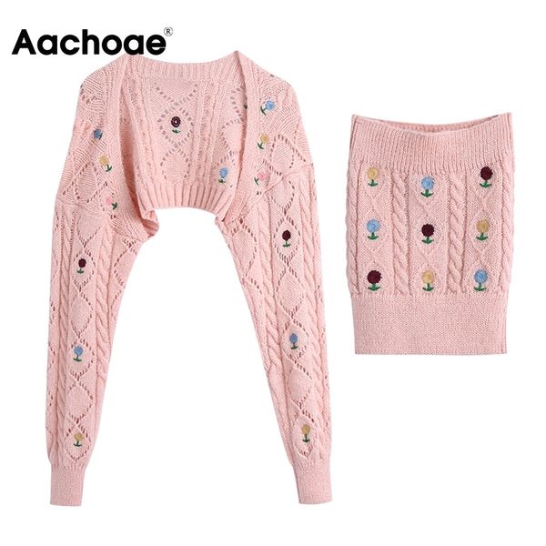 

aachoae sweet floral embroidery knitted 2 piece set women short cardigan with strapless camisole chic ladies crop sets 210413, White