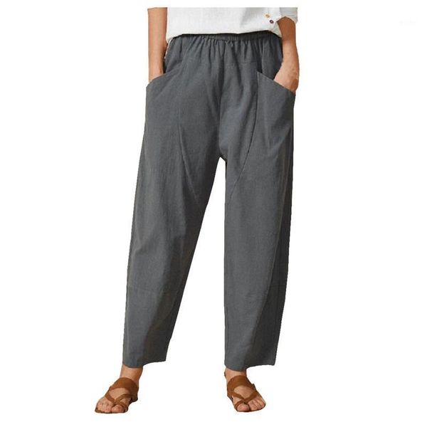

yoga outfit solid harem pants cotton pocket elastic trousers loose mid waist ankle-length casual wide leg home sweatpants a30