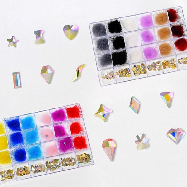 

box(18 fur ball charms +150 rhinestones gems ) 3d nail mixed shape ab flat back crystal /fur decoration art decorations, Silver;gold