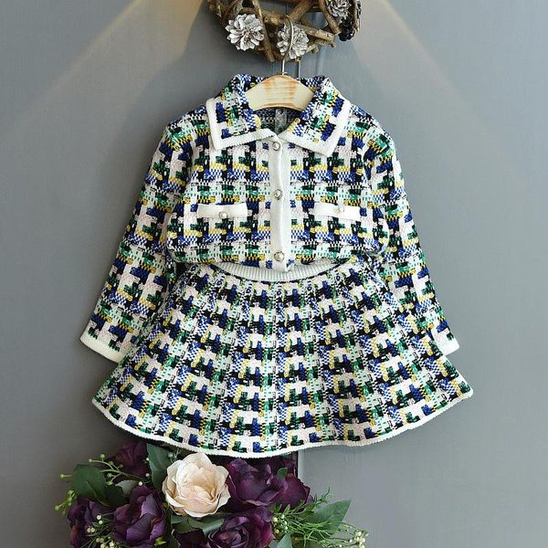 

clothing sets girls fall 2021 arrival toddler girl clothes knitted lapel long sleeve coat + skirt age 2-8 years old, White