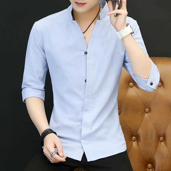 

style men's chine long sleeve shirt korean slim collar 7 / 6 summer casual tang top, White;black