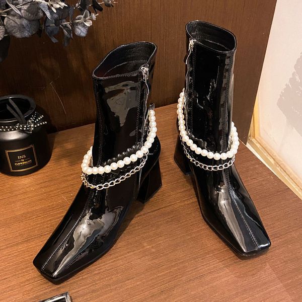 

dress shoes mulheres botas de motocicleta moda gÃ³tico praÃ§a toe talÃ£o corrente salto alto outono inverno couro patente tornozelo o0l4, Black