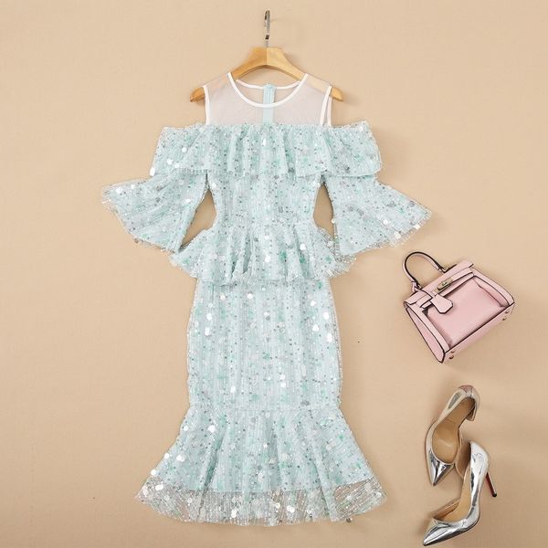 

casual dresses european and american women's wear for summer five cuff flounce mesh sequin dew shoulder fashionable fishtail dresses zw, Black;gray