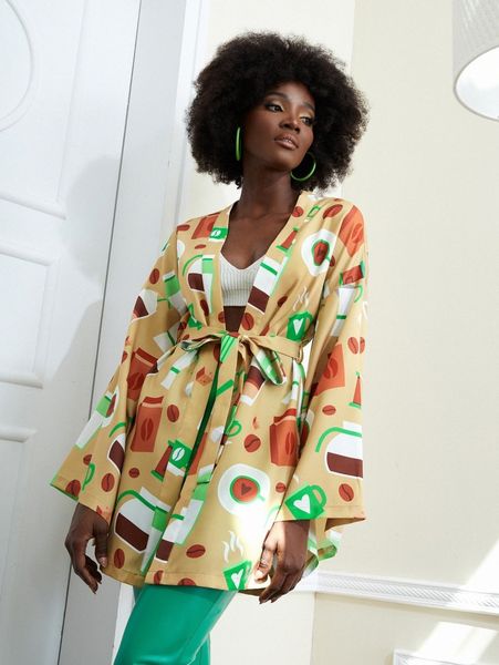 

x shimaa sabry graphic print belted kimono y6pj#, White;black