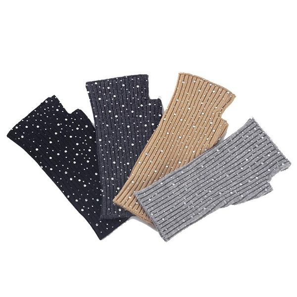 

five fingers gloves women stripe fashion shine rhinestone knit mittens for lady fingerless without warmer hand wrist accessory, Blue;gray