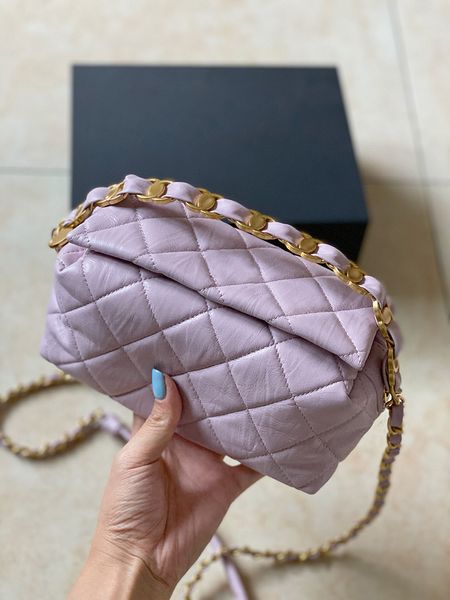 

2021 new pleated leather women's handbag classic diamond pattern solid color shoulder bag copper metal buckle chain square purse bags