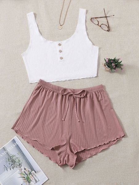 

plus single breasted crop tank & knot front shorts pj set f2xn#, Black;white