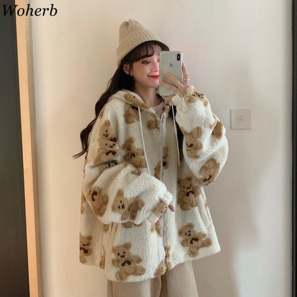 

harajuku zipper hoodies women kawaii japanese cartoon bear coat autumn loose oversized sweatshirt warm fur jackets 210417, White