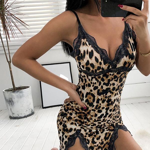 

v neck leopard women sleepwear night dress nightclub style lace sling nightgowns lingerie pijama b4, Black;red