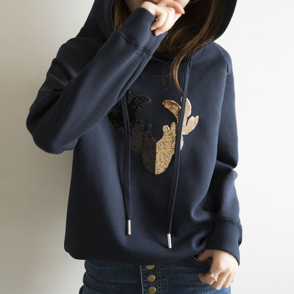 

hoodies light luxury sports style spring and autumn color contrast sequin elk head loose hooded sweater women's fashion versatile top, Black