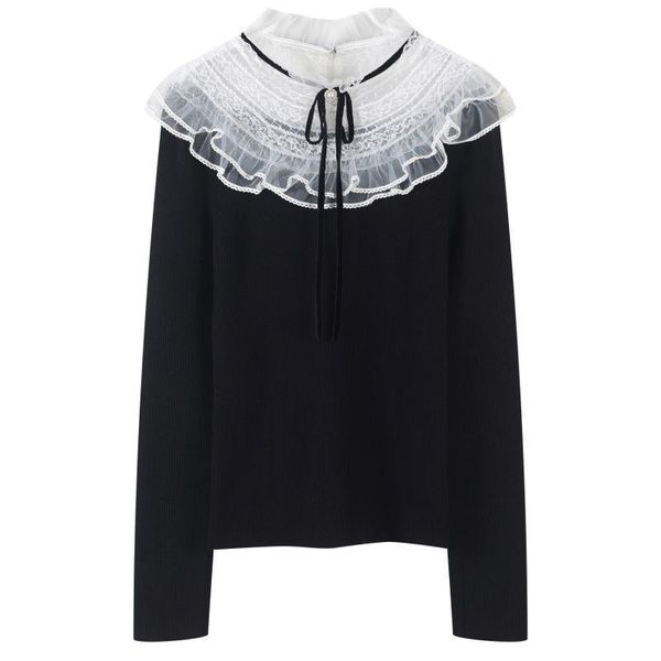 

autumn winter all-match casual cake lace collar mesh stitching knit sweater black fashion brand design long-sleeved slim clothes women', White;black