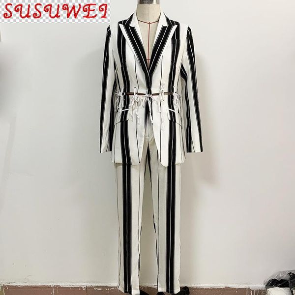 

cotton linen pants blazer suits women 2021 tie rope detachable hem striped casual suit two-piece women's two piece, White